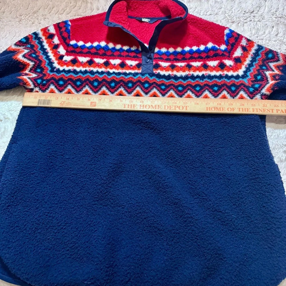 Lands’ End Women’s Large Red & Navy Fair Isle Fleece Quarter-Snap Pullover - Picture 3 of 6